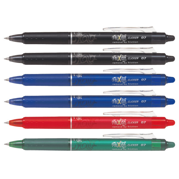 Pilot FriXion Clicker 6er-Pack – radierbare Tintenroller (2× Blau, 2× Schwarz, 1× Rot, 1× Grün)