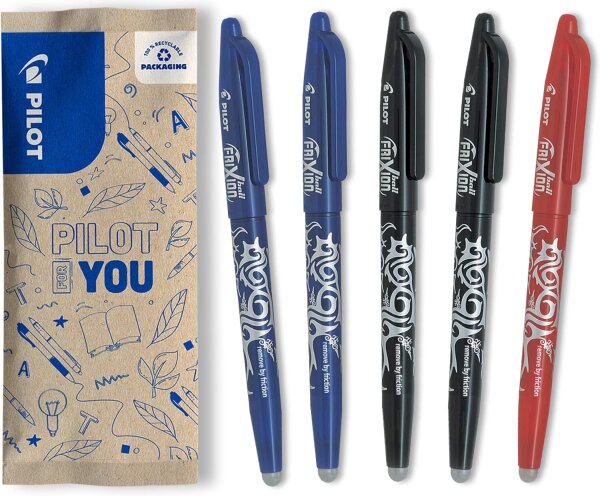 FriXion Ball 0.7 Set – 5 Stück | radierbare Tintenroller 2 blaue, 2 schwarze, 1 rote