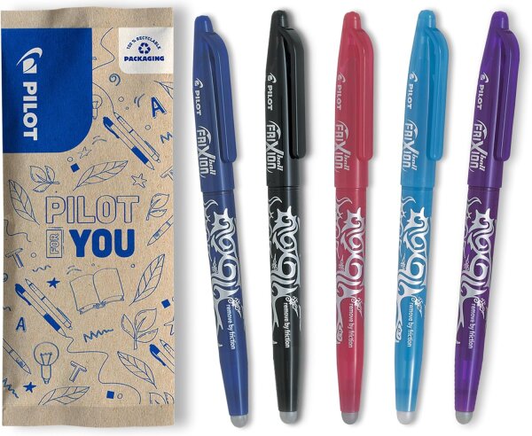 FriXion Ball 0.7 Set – 5 Stück | radierbare Tintenroller blau, hellblau, schwarz, pink, violett